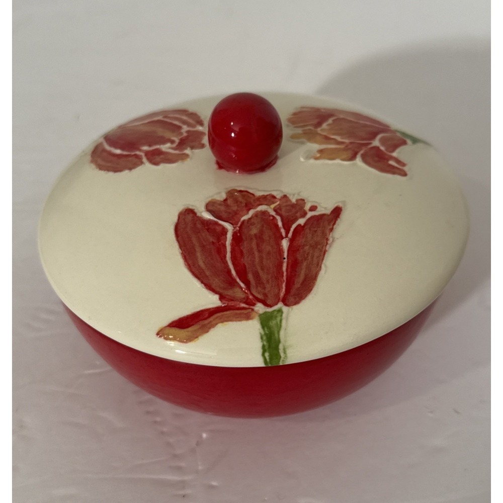 Lidded Bowl Red and‎ White w/ Tulips-Trinket/Serving/Sugar Bowl-Signed-Textured